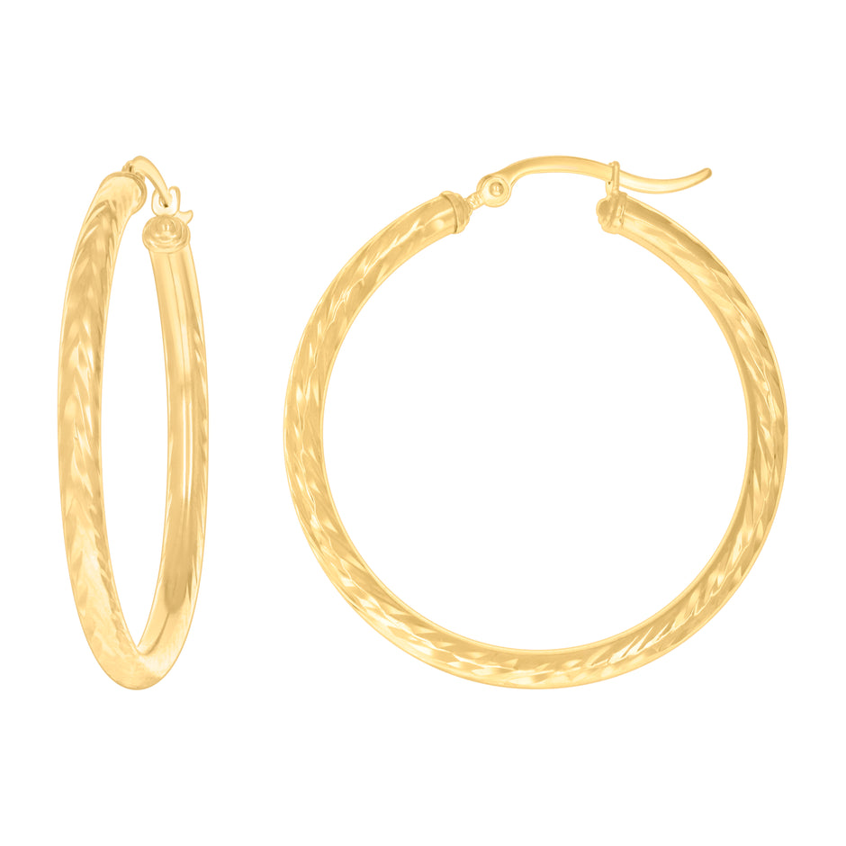 14Kt Yellow Gold Womens Round Tube Diamond-cut Patterned Fancy Hoop Earrings 3mm-38 - SLV-133859
