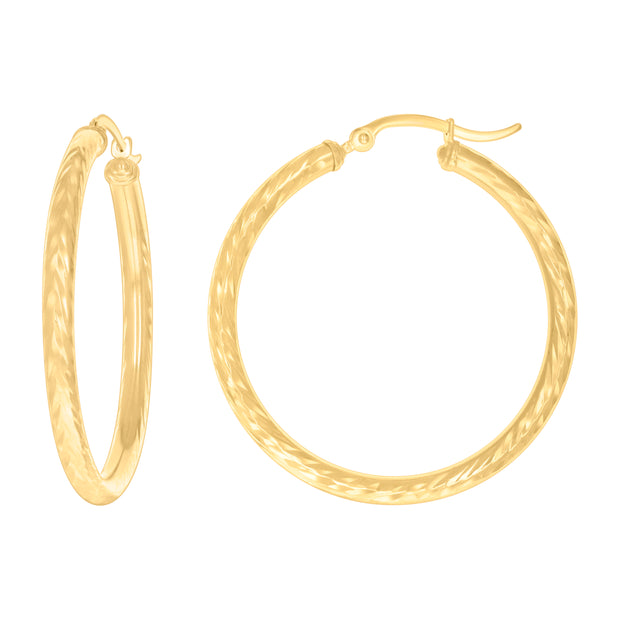 14Kt Yellow Gold Womens Round Tube Diamond-cut Patterned Fancy Hoop Earrings 3mm-38 - SLV-133859