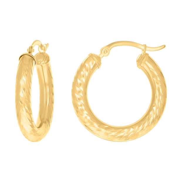 14Kt Yellow Gold Womens Round Tube Diamond-cut Patterned Fancy Hoop Earrings 4mm-25