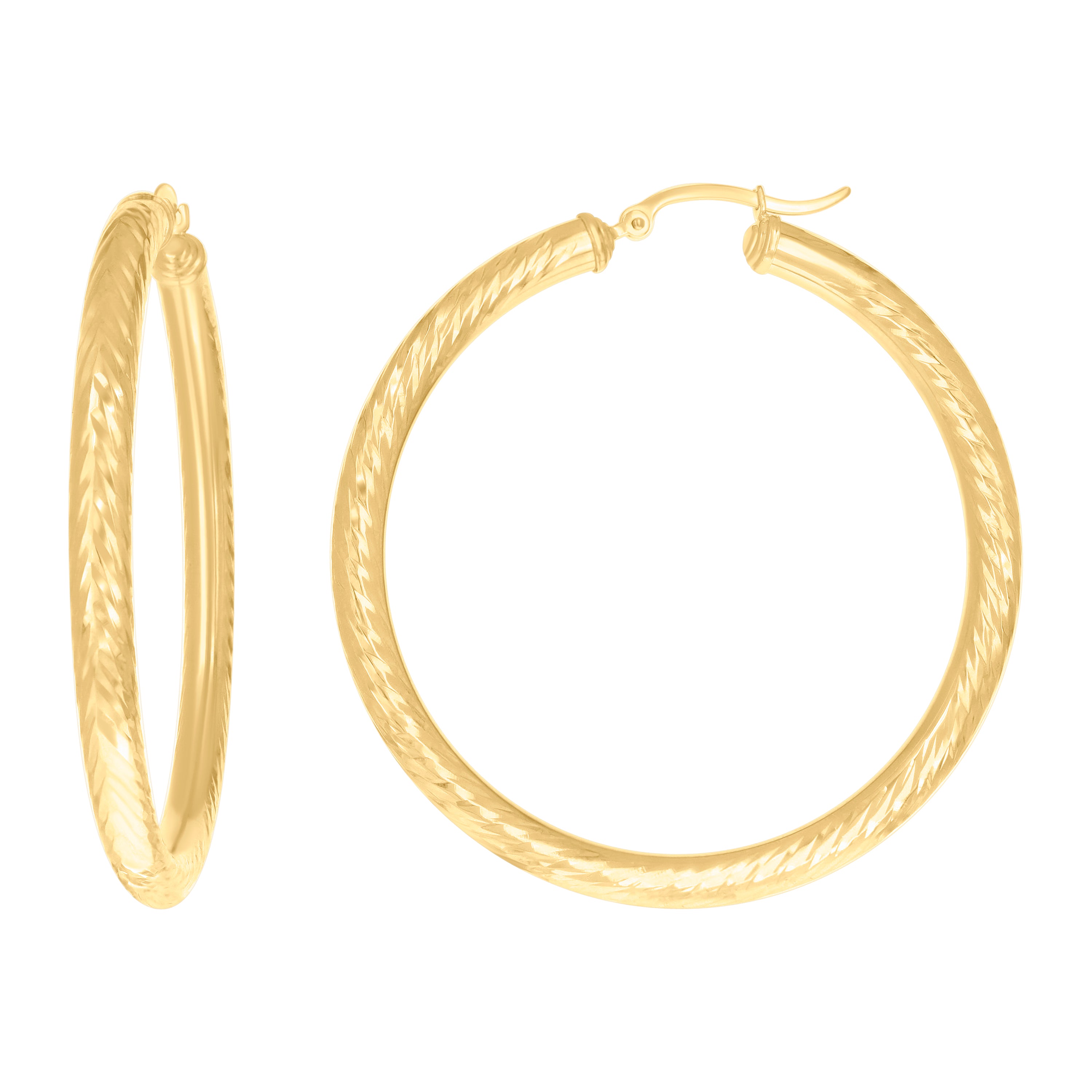 14Kt Yellow Gold Womens Round Tube Diamond-cut Patterned Fancy Hoop Earrings 4mm-50 - SLV-133866