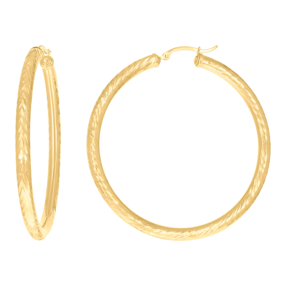 14Kt Yellow Gold Womens Round Tube Diamond-cut Patterned Fancy Hoop Earrings 4mm-57 - SLV-133867