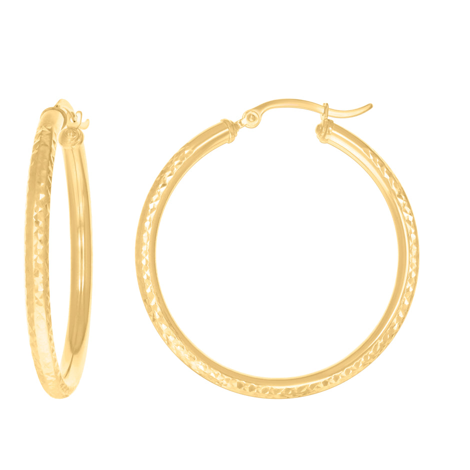14Kt Yellow Gold Womens Round Tube Diamond-cut Patterned Fancy Hoop Earrings 3mm-38 - SLV-133883