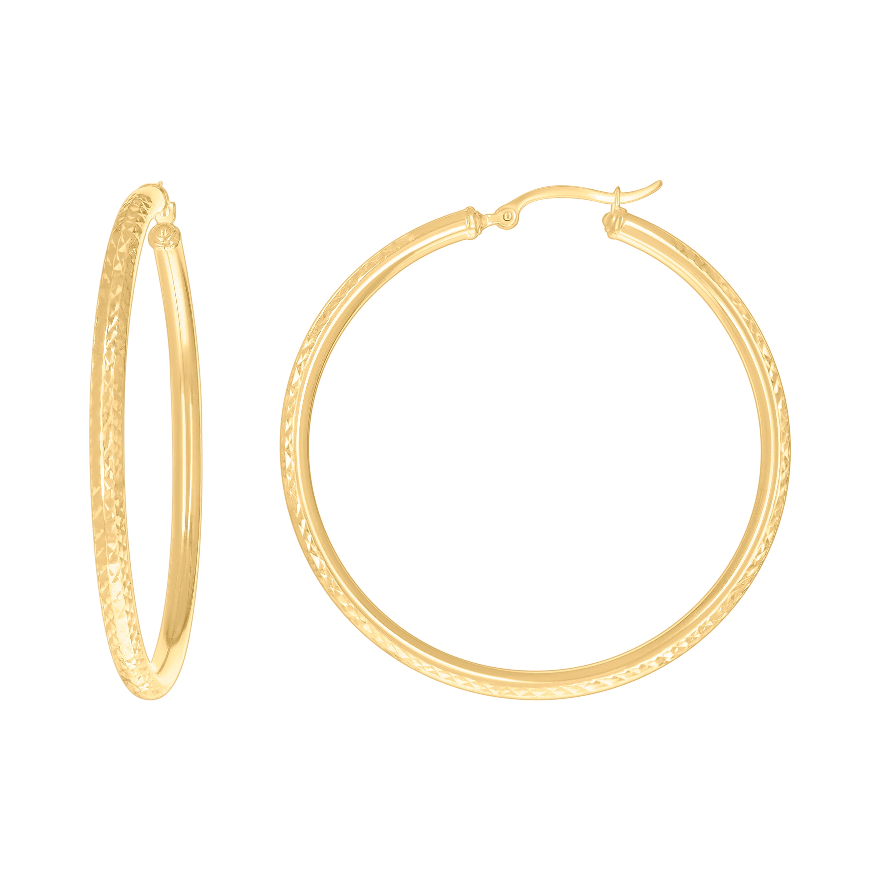 14Kt Yellow Gold Womens Round Tube Diamond-cut Patterned Fancy Hoop Earrings 3mm-50 - SLV-133884