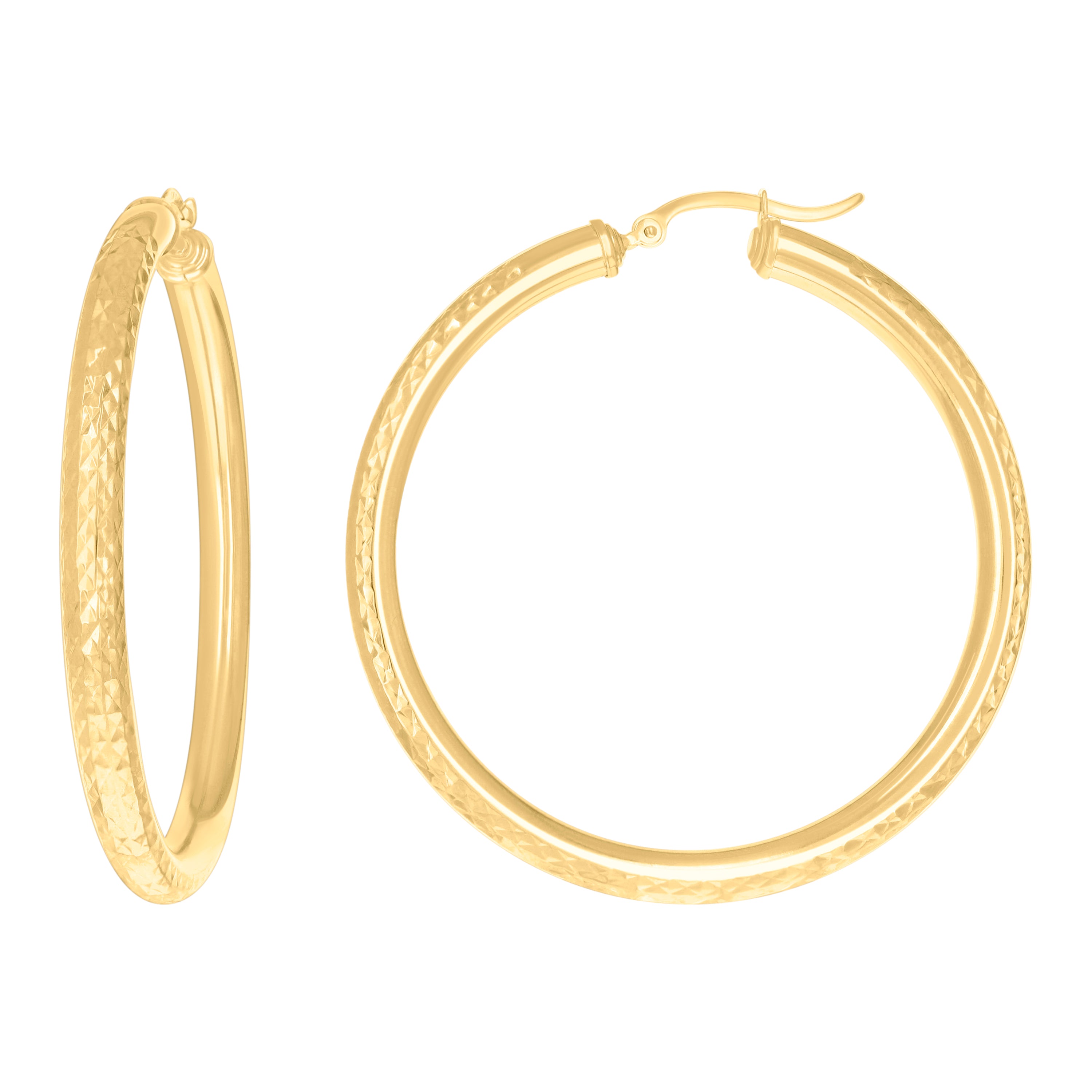 14Kt Yellow Gold Womens Round Tube Diamond-cut Patterned Fancy Hoop Earrings 4mm-50 - SLV-133890