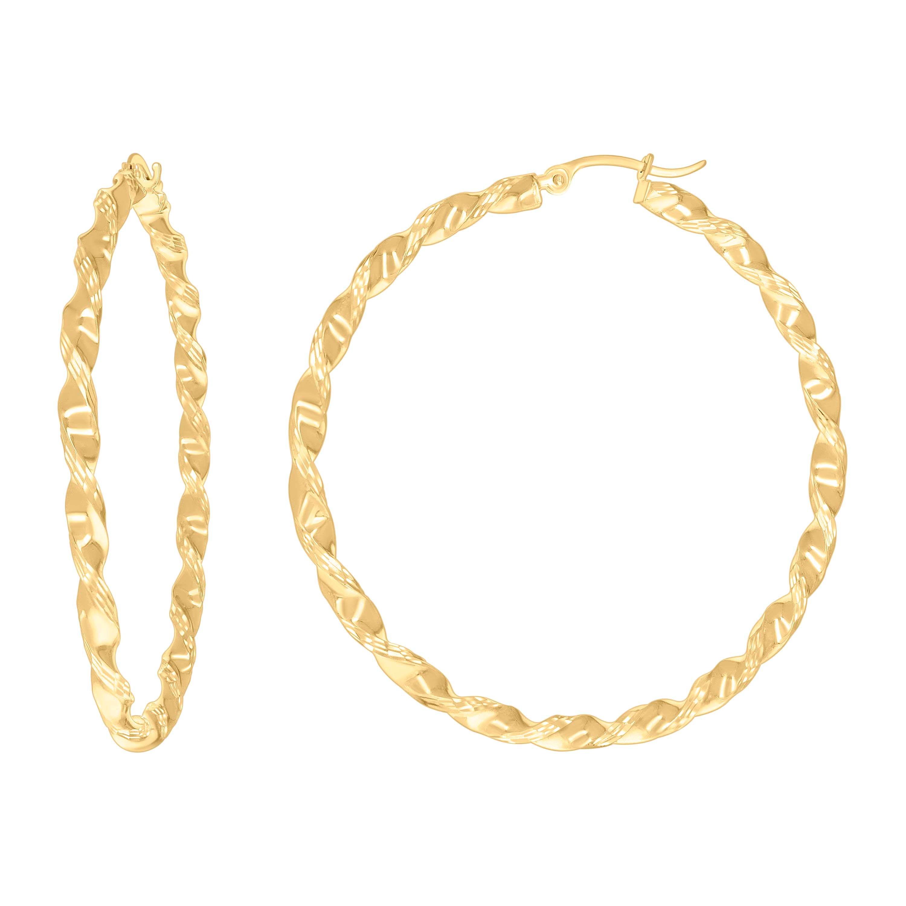 14k Yellow Gold Womens Diamond-Cut Patterned 3mm Twisted Square Tube Hoop Earrings 