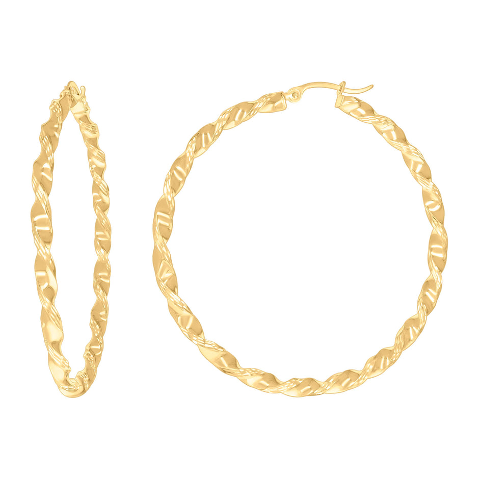 14k Yellow Gold Womens Diamond-Cut Patterned 3mm Twisted Square Tube Hoop Earrings 