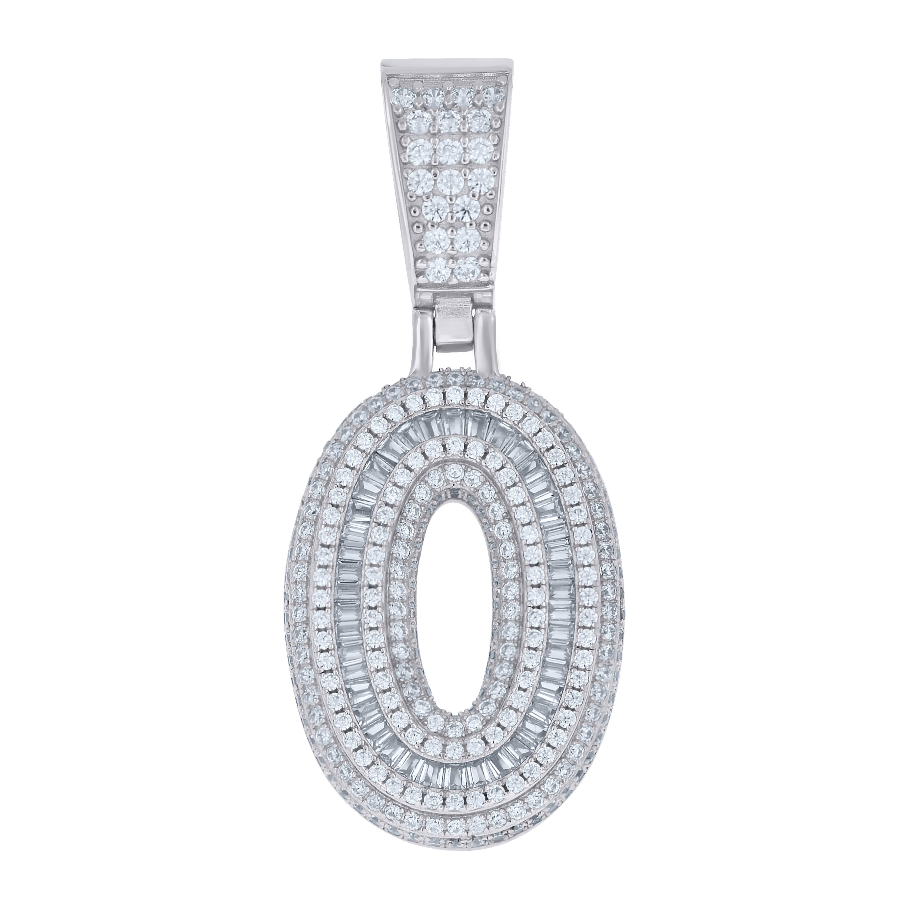925 Sterling Silver Unisex Round Baguette Cubic-Zirconia Initial Number 0 Charm Pendant