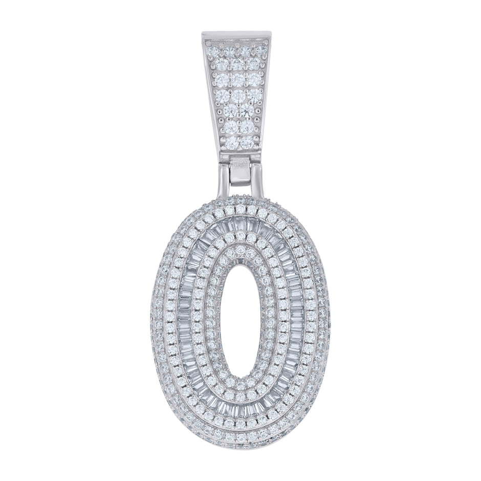 925 Sterling Silver Unisex Round Baguette Cubic-Zirconia Initial Number 0 Charm Pendant