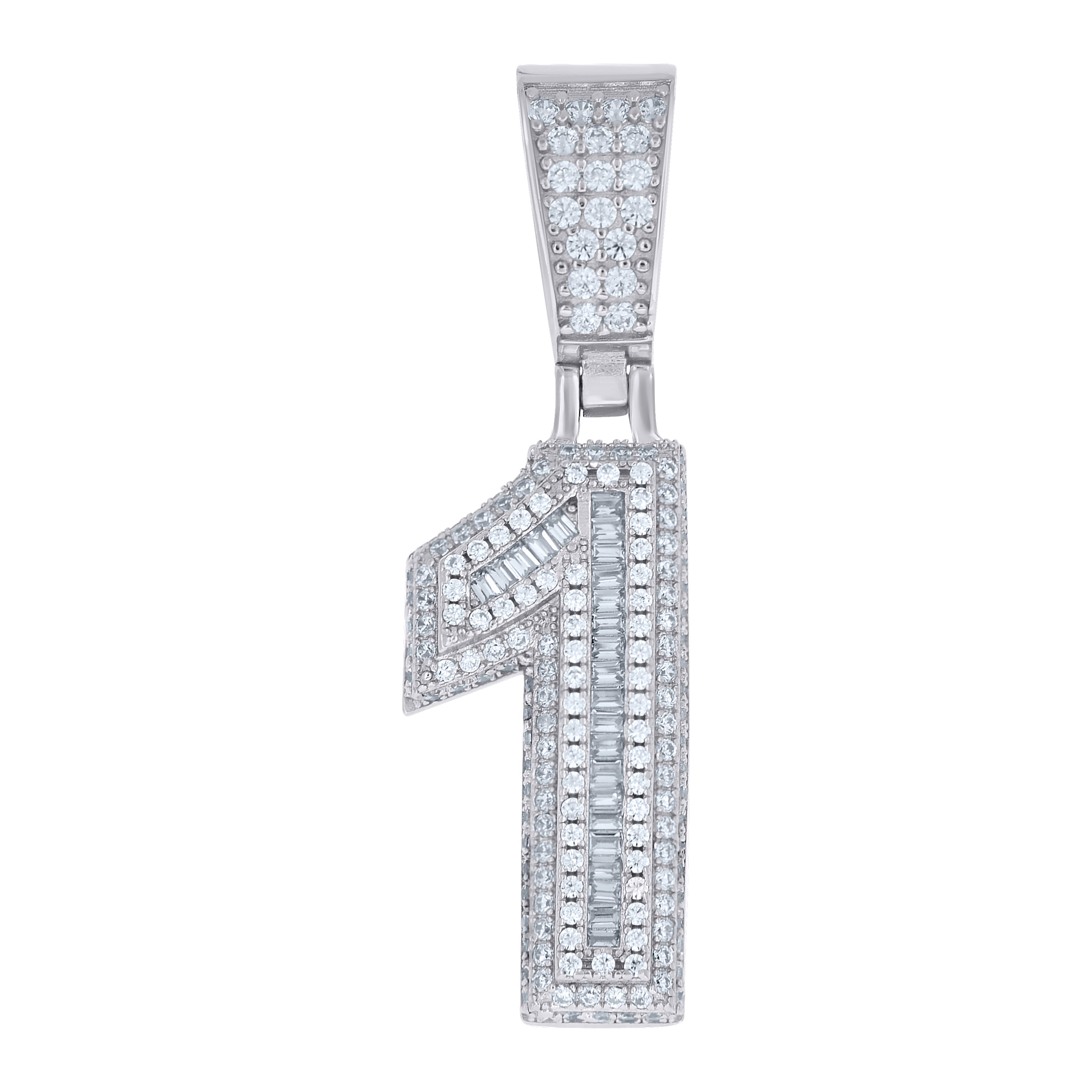 925 Sterling Silver Unisex Round Baguette Cubic-Zirconia Initial Number 1 Charm Pendant