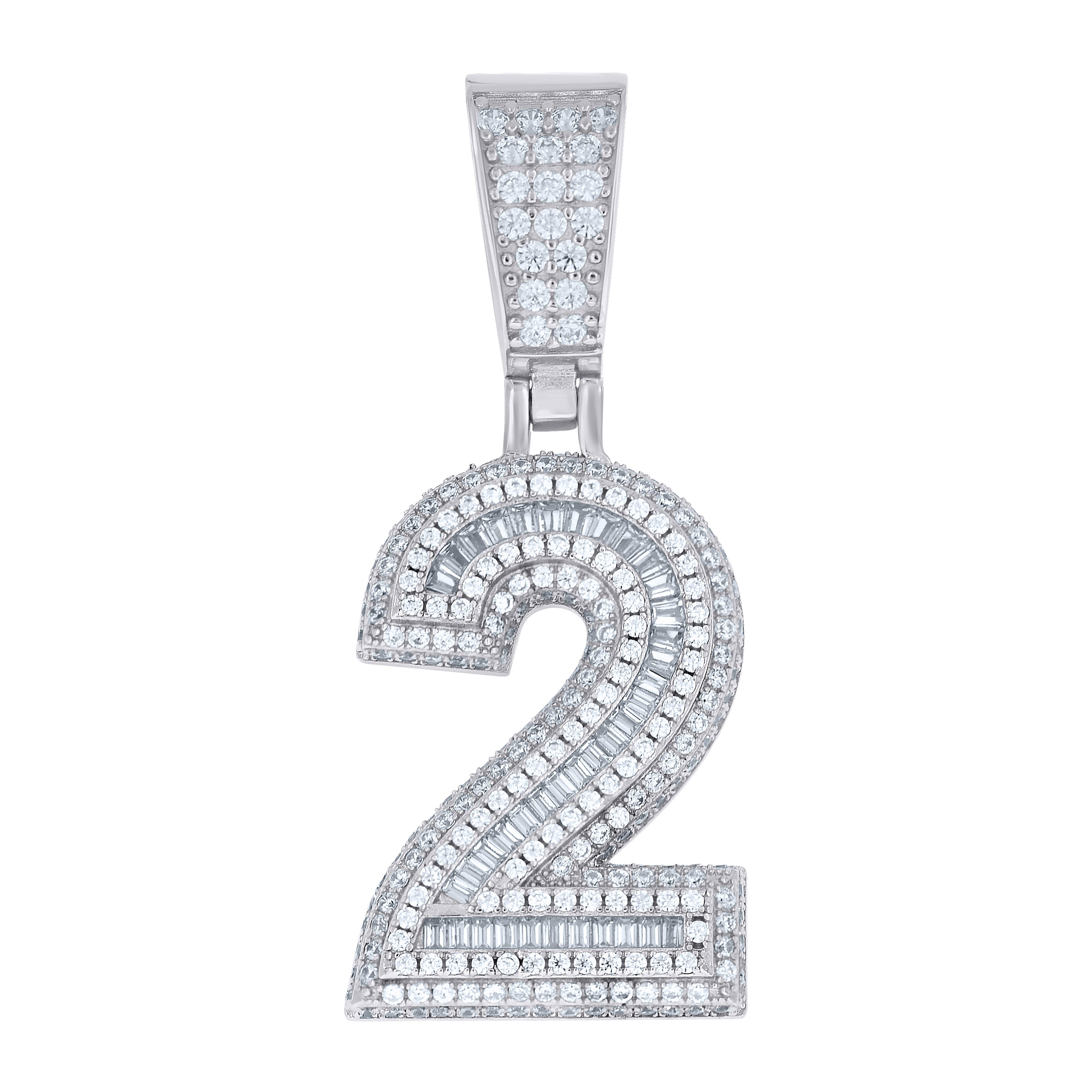 925 Sterling Silver Unisex Round Baguette Cubic-Zirconia Initial Number 2 Charm Pendant