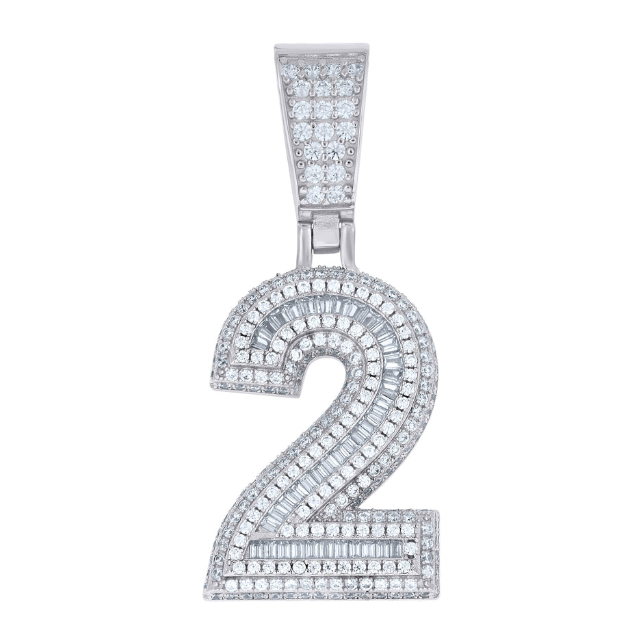 925 Sterling Silver Unisex Round Baguette Cubic-Zirconia Initial Number 2 Charm Pendant