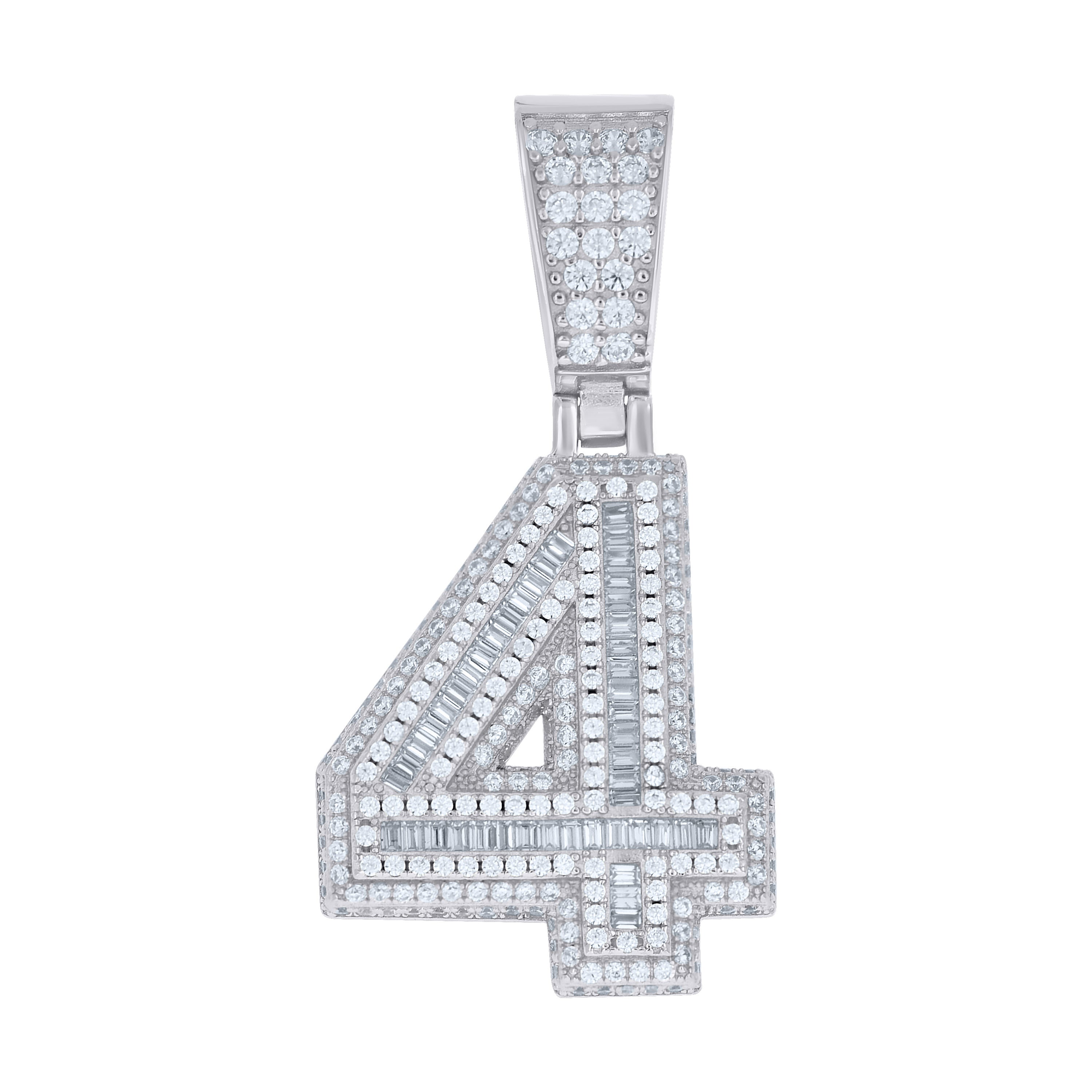 925 Sterling Silver Unisex Round Baguette Cubic-Zirconia Initial Number 4 Charm Pendant