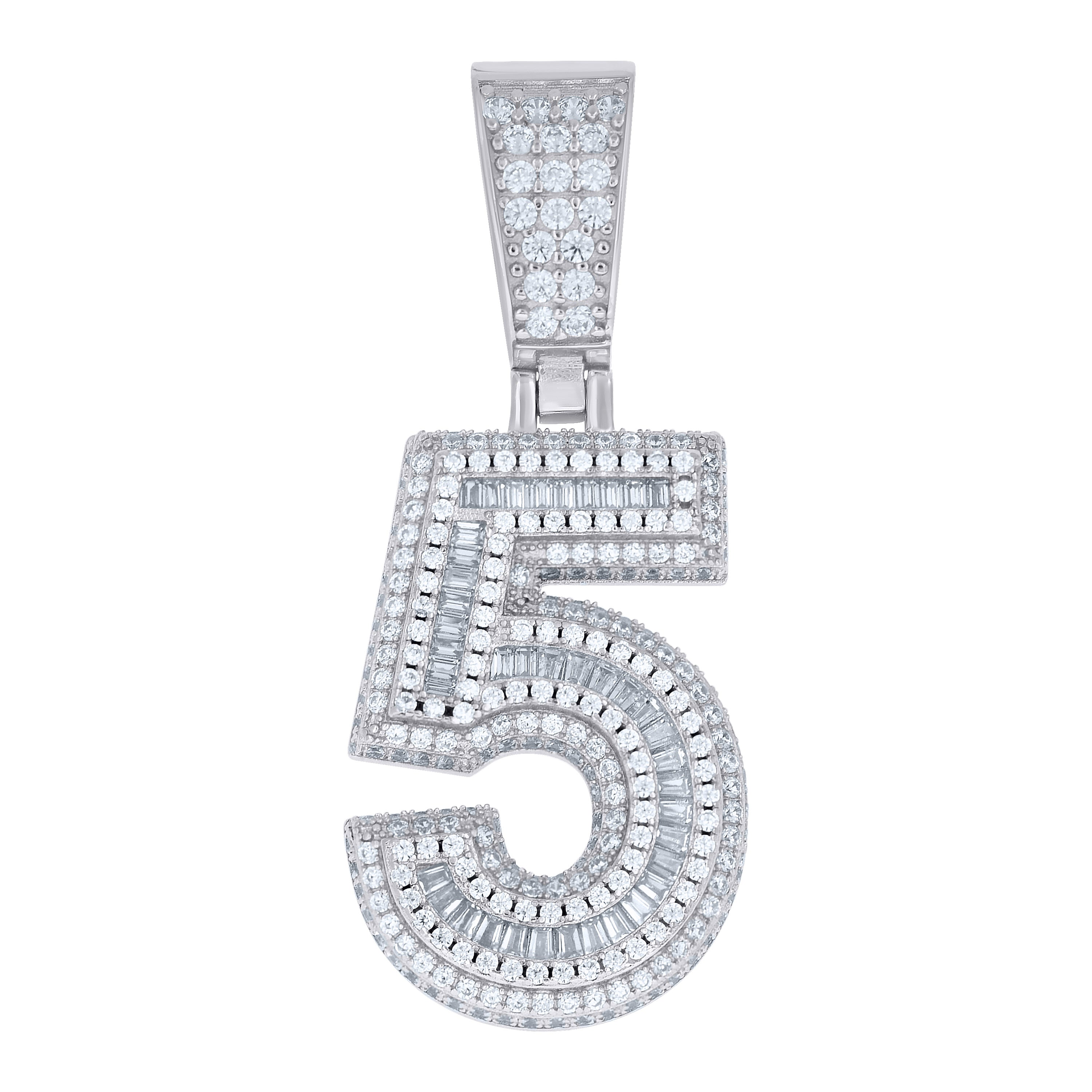 925 Sterling Silver Unisex Round Baguette Cubic-Zirconia Initial Number 5 Charm Pendant