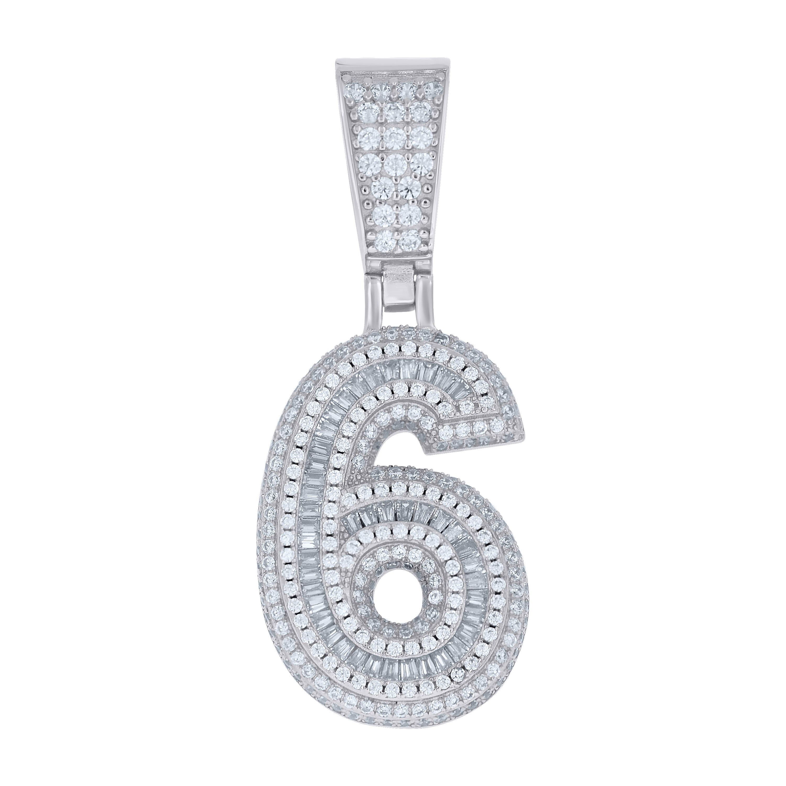 925 Sterling Silver Unisex Round Baguette Cubic-Zirconia Initial Number 6 Charm Pendant
