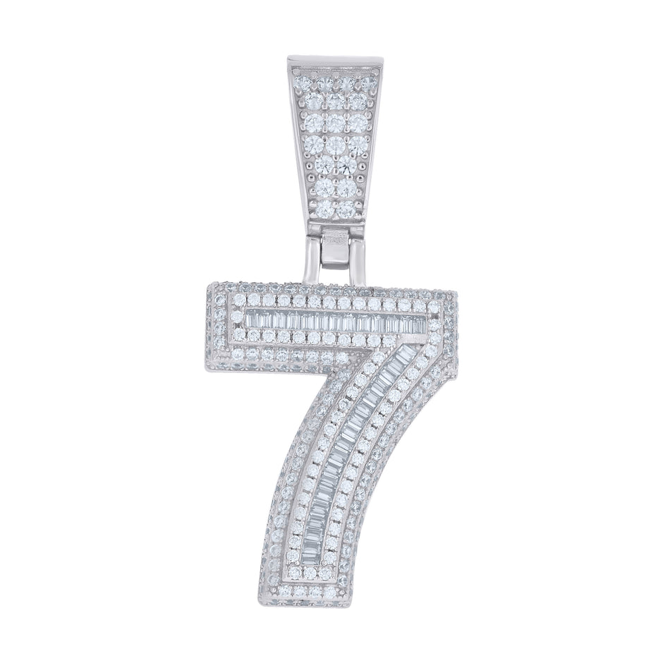 925 Sterling Silver Unisex Round Baguette Cubic-Zirconia Initial Number 7 Charm Pendant