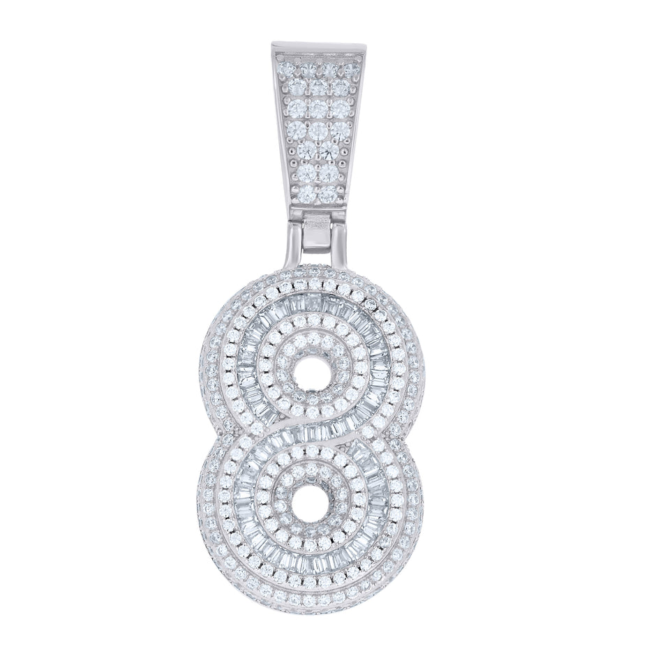 925 Sterling Silver Unisex Round Baguette Cubic-Zirconia Initial Number 8 Charm Pendant