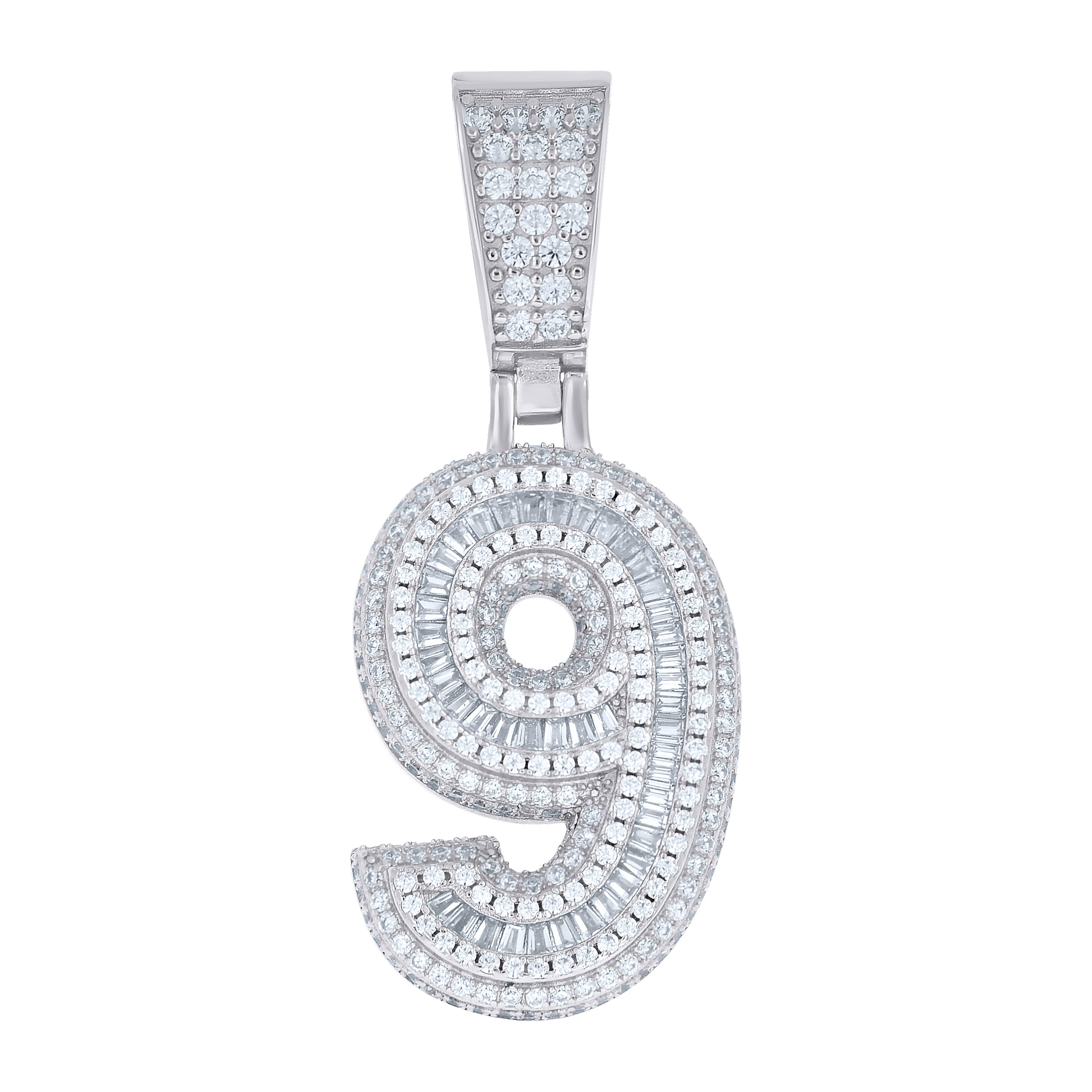 925 Sterling Silver Unisex Round Baguette Cubic-Zirconia Initial Number 9 Charm Pendant