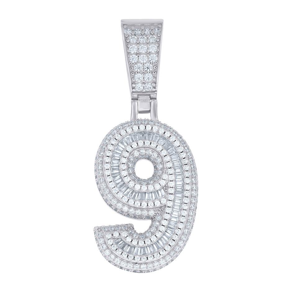 925 Sterling Silver Unisex Round Baguette Cubic-Zirconia Initial Number 9 Charm Pendant