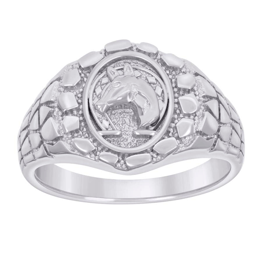 925 Sterling Silver Mens Nugget Horse Head Horseshoe Good Luck Ring Size 11 - SLV-134465