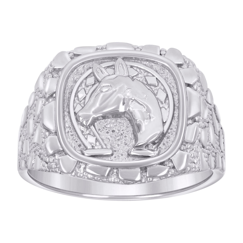 925 Sterling Silver Mens Nugget Horse Head Horseshoe Good Luck Ring Size 10 - SLV-134497