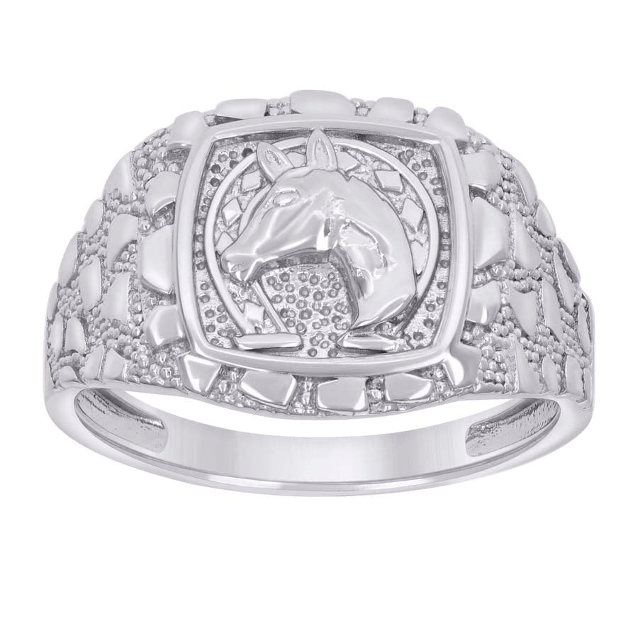 925 Sterling Silver Mens Nugget Horse Head Horseshoe Good Luck Ring Size 11 - SLV-134539