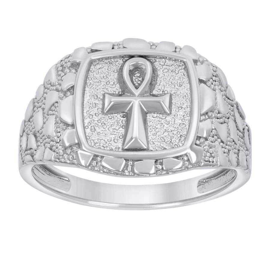 925 Sterling Silver Mens Nugget Egyptian Ankh Cross Religious Ring Size 9