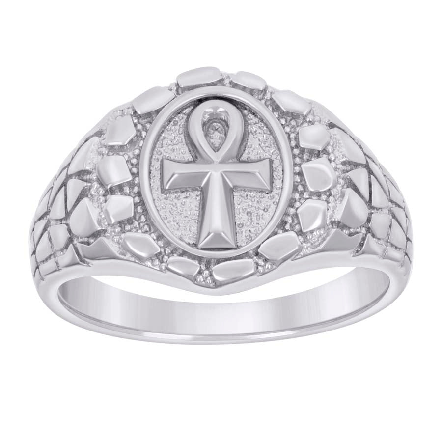 925 Sterling Silver Mens Nugget Egyptian Ankh Cross Religious Ring Size 11 - SLV-134596