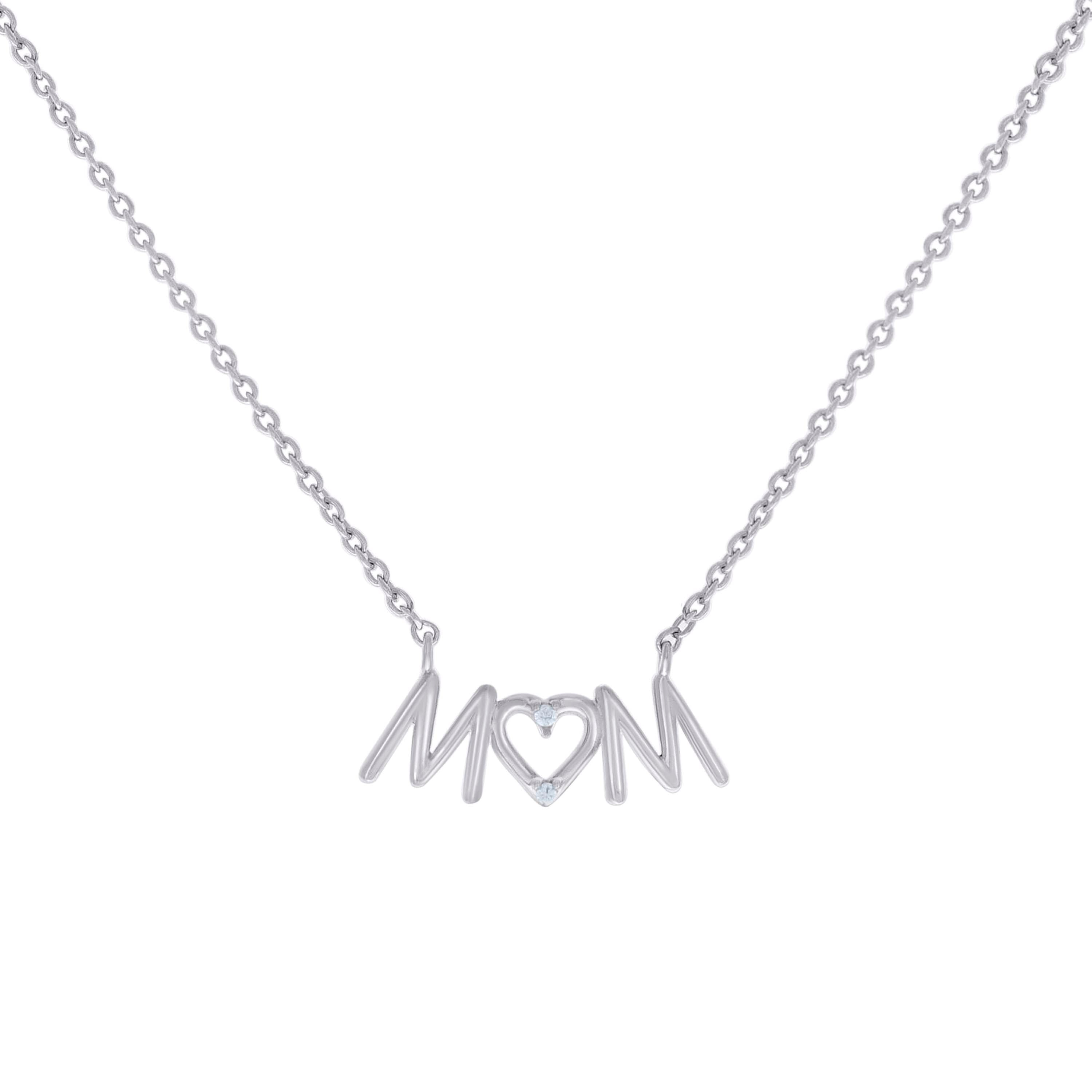 925 Sterling Silver Womens Cubic-Zirconia Heart MOM Charm Necklace Size 16 Inches 