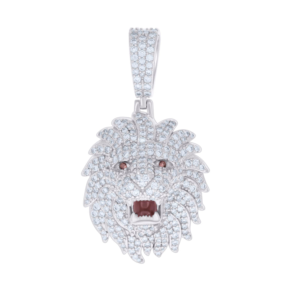 925 Sterling Silver Mens 2.81ct Moissanite With Red Cubic-Zirconia Leo/Lion Head Zodiac Sign/Wildlife Charm Pendant