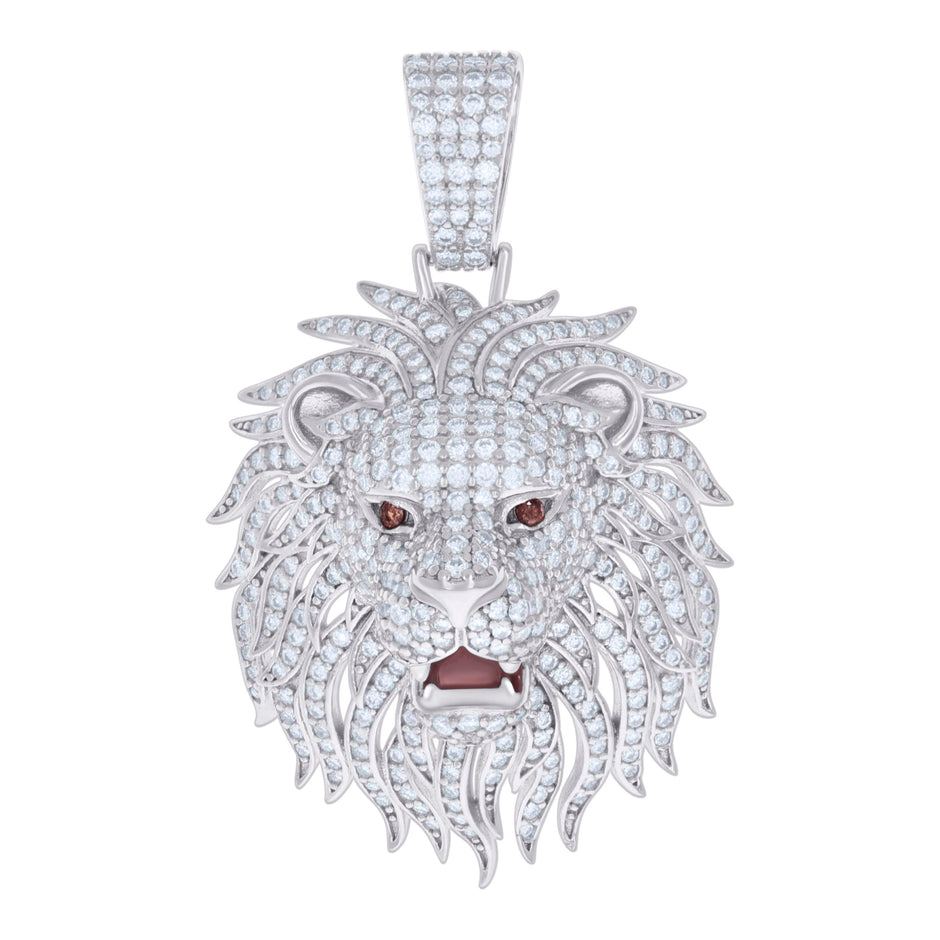 925 Sterling Silver Mens 2.72ct Moissanite With Red Cubic-Zirconia Leo/Lion Head Zodiac Sign/Wildlife Charm Pendant