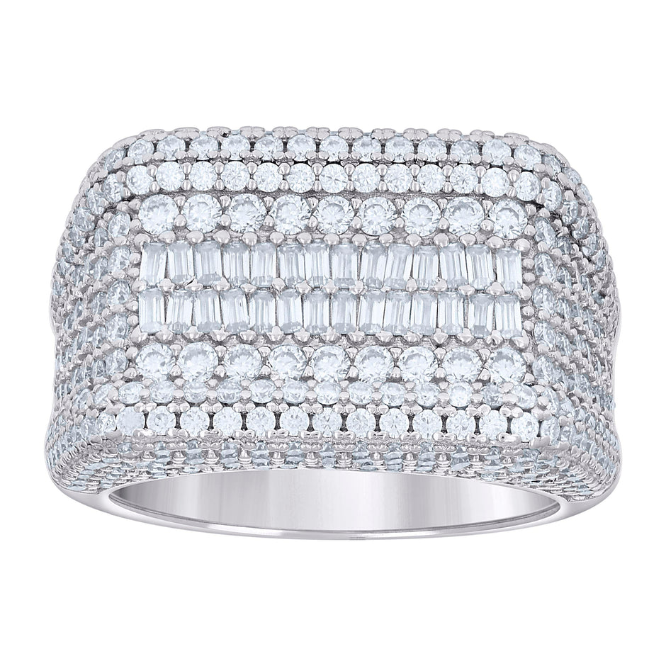 925 Sterling Silver Mens 0.79ct Baguette 3.83ct Round Moissanite Fashion Ring Size 10