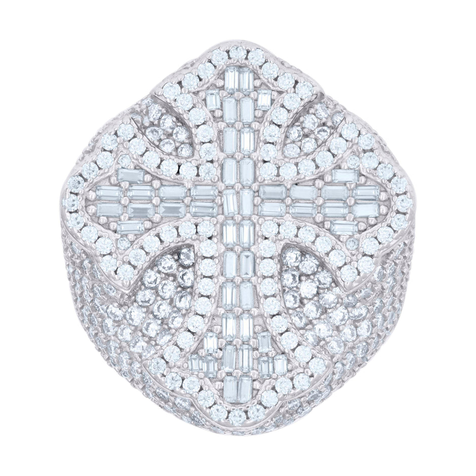 925 Sterling Silver Mens 1.32ct Baguette 4.94ct Round Moissanite Cross Religious Ring Size 12