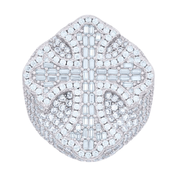 925 Sterling Silver Mens 1.32ct Baguette 4.94ct Round Moissanite Cross Religious Ring Size 12