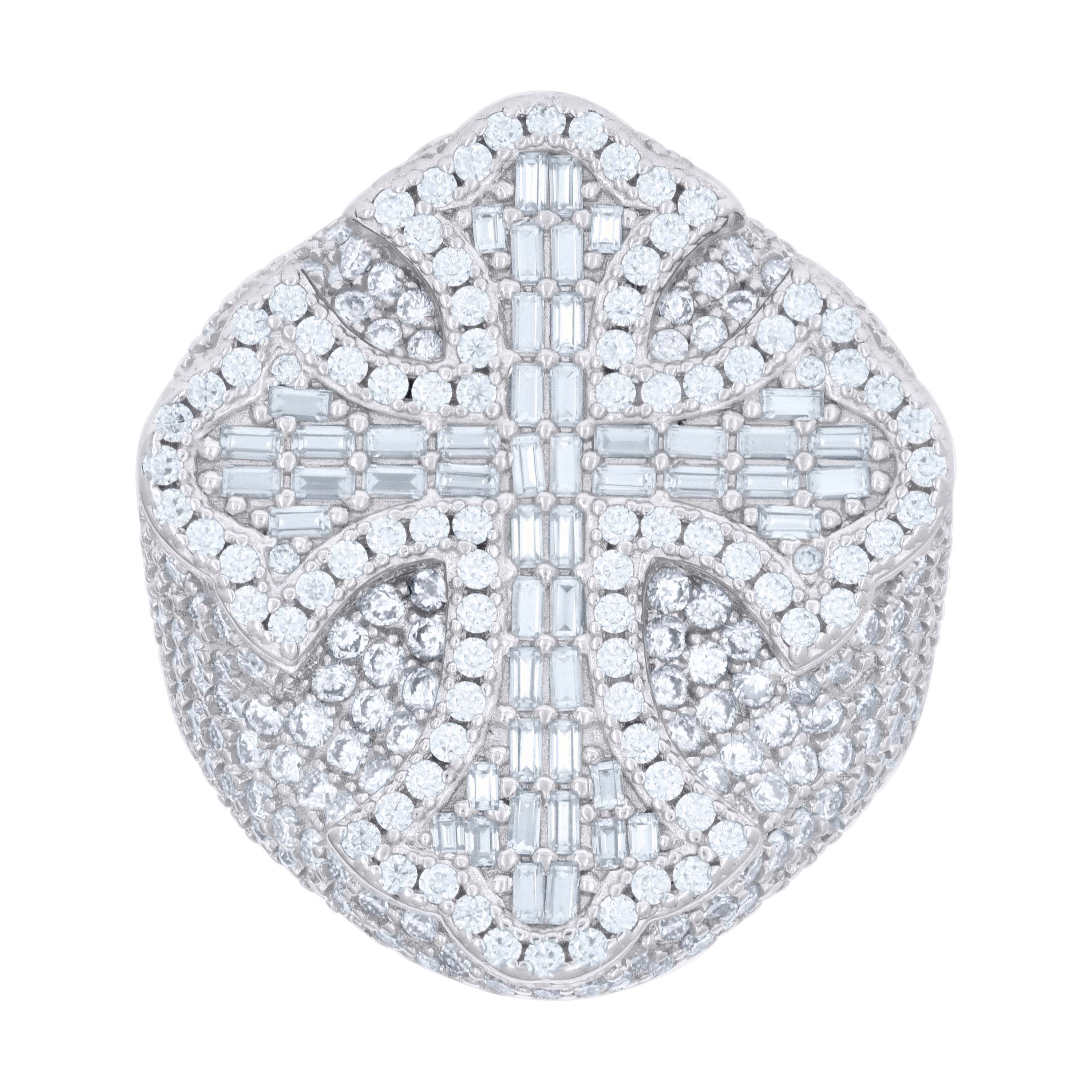 925 Sterling Silver Mens 1.32ct Baguette 4.94ct Round Moissanite Cross Religious Ring Size 13 - SLV-136914