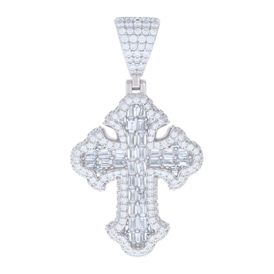 925 Sterling Silver Mens Baguette Round Cubic-Zirconia Cross Religious Charm Pendant