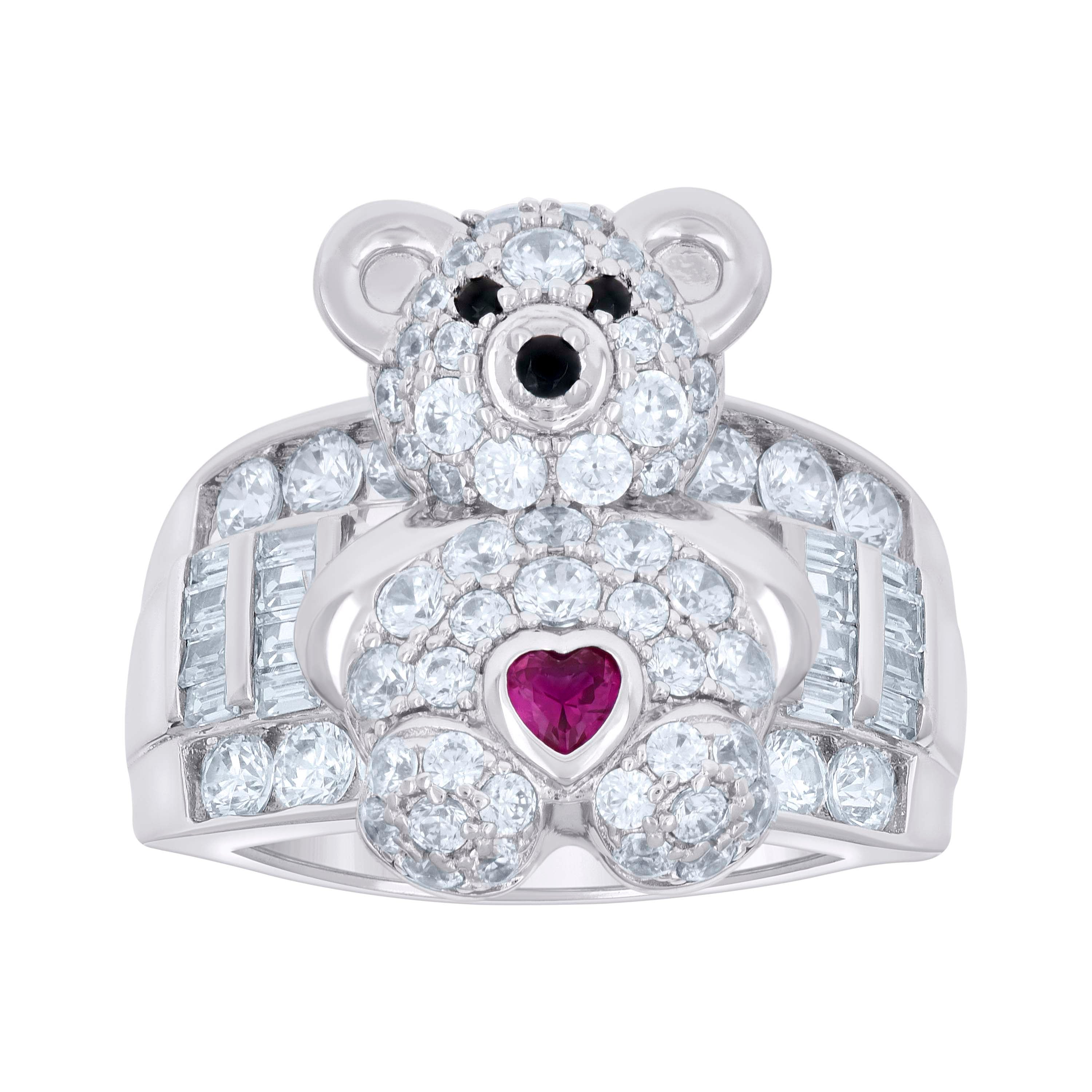 925 Sterling Silver Womens Pink/Black White Baguette/Heart Round Cubic-Zirconia Teddy Bear Heart Ring Size 7