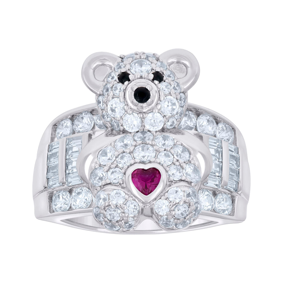 925 Sterling Silver Womens Pink/Black White Baguette/Heart Round Cubic-Zirconia Teddy Bear Heart Ring Size 7