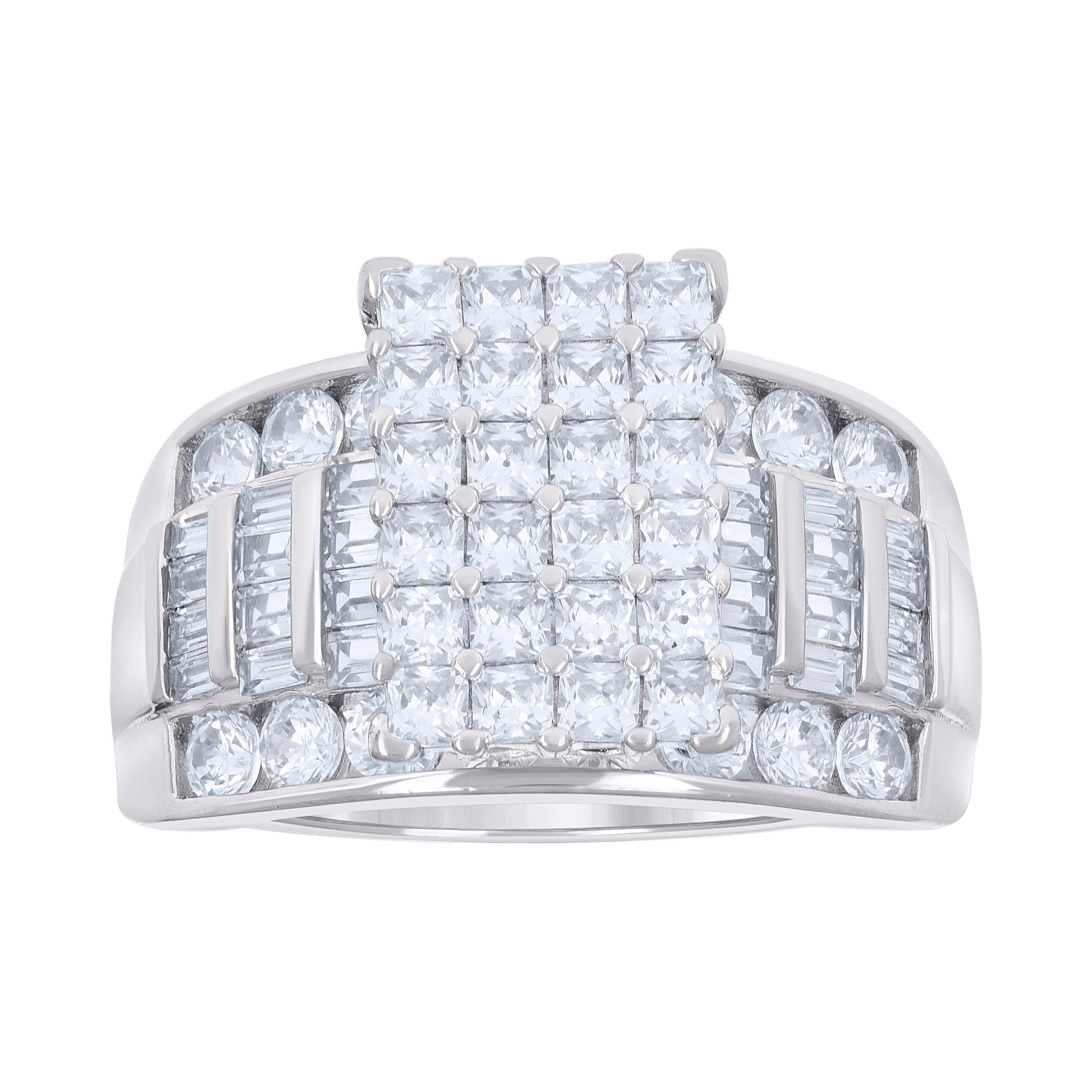 925 Sterling Silver Womens Baguette/Princess-cut Round Cubic-Zirconia Fashion Ring Size 7
