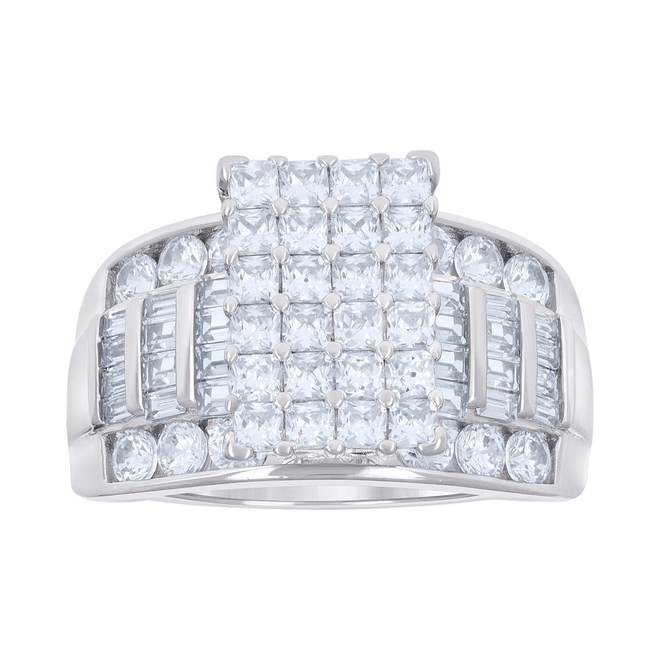 925 Sterling Silver Womens Baguette/Princess-cut Round Cubic-Zirconia Fashion Ring Size 7