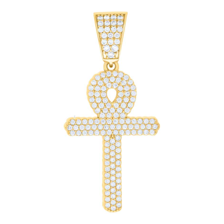 925 Sterling Silver Yellow-tone Mens 0.96ct Moissanite Egyptian Ankh Cross Religious Charm Pendant 