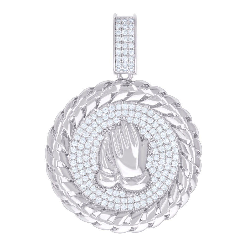 925 Sterling Silver Mens 1.57ct Moissanite Praying Hands Symbol Religious Charm Pendant 