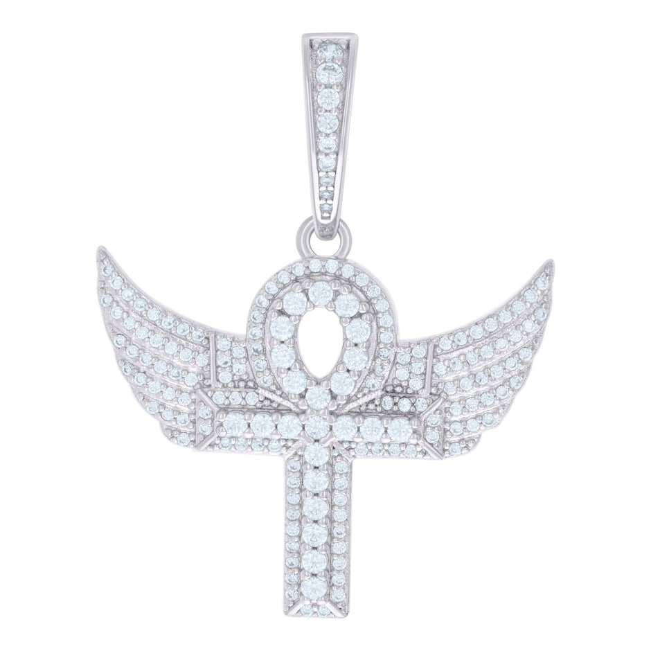925 Sterling Silver Mens 1.09ct Moissanite Egyptian Flying Ankh Cross Religious Charm Pendant