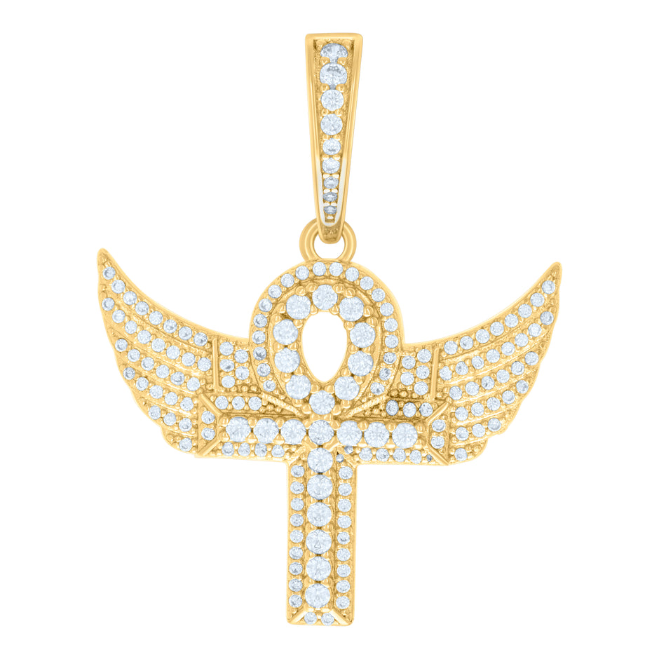 925 Sterling Silver Yellow-tone Mens 1.09ct Moissanite Egyptian Flying Ankh Cross Religious Charm Pendant
