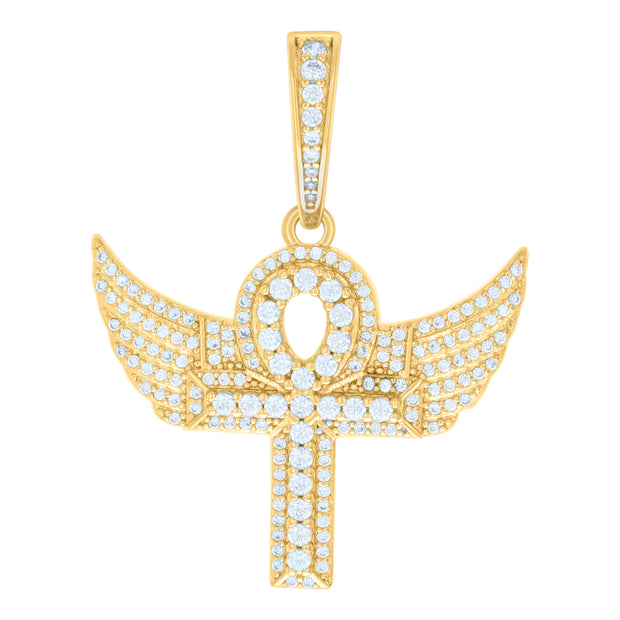 925 Sterling Silver Yellow-tone Mens 1.09ct Moissanite Egyptian Flying Ankh Cross Religious Charm Pendant