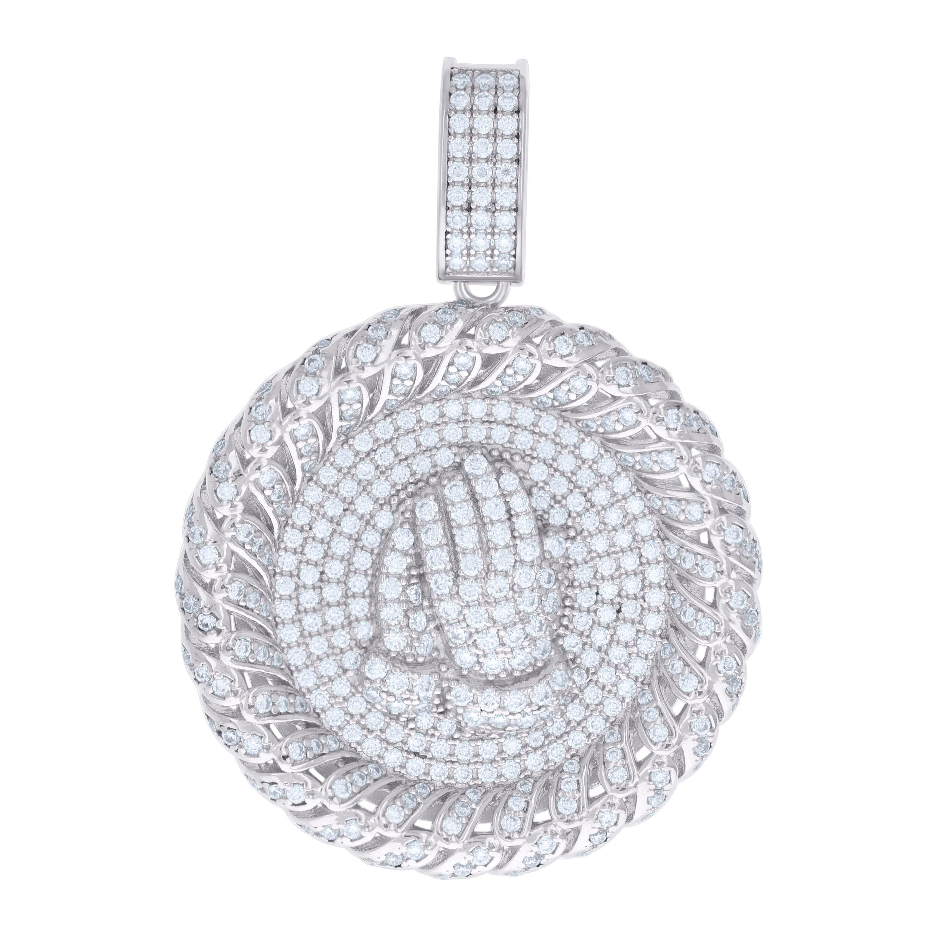 925 Sterling Silver Mens 3.18ct Moissanite Medallion Praying Hands Symbol Religious Charm Pendant