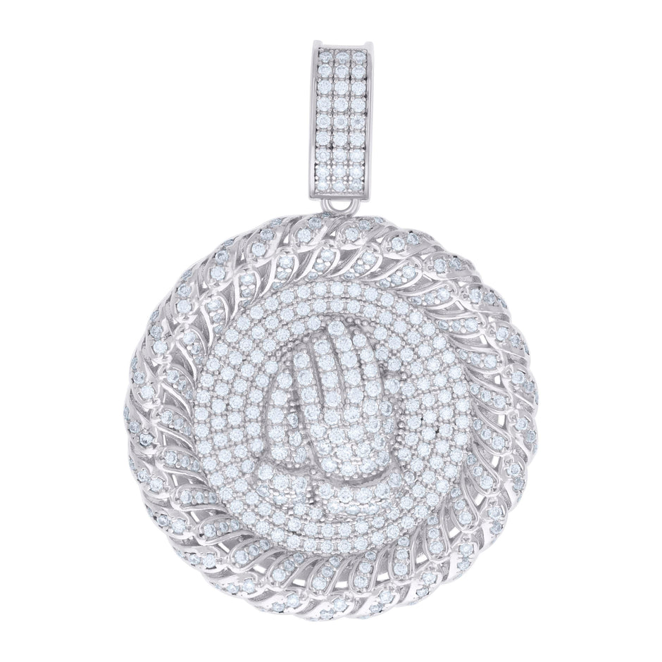 925 Sterling Silver Mens 3.18ct Moissanite Medallion Praying Hands Symbol Religious Charm Pendant