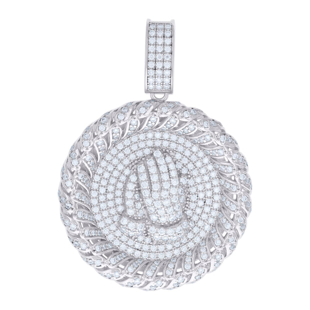 925 Sterling Silver Mens 3.18ct Moissanite Medallion Praying Hands Symbol Religious Charm Pendant