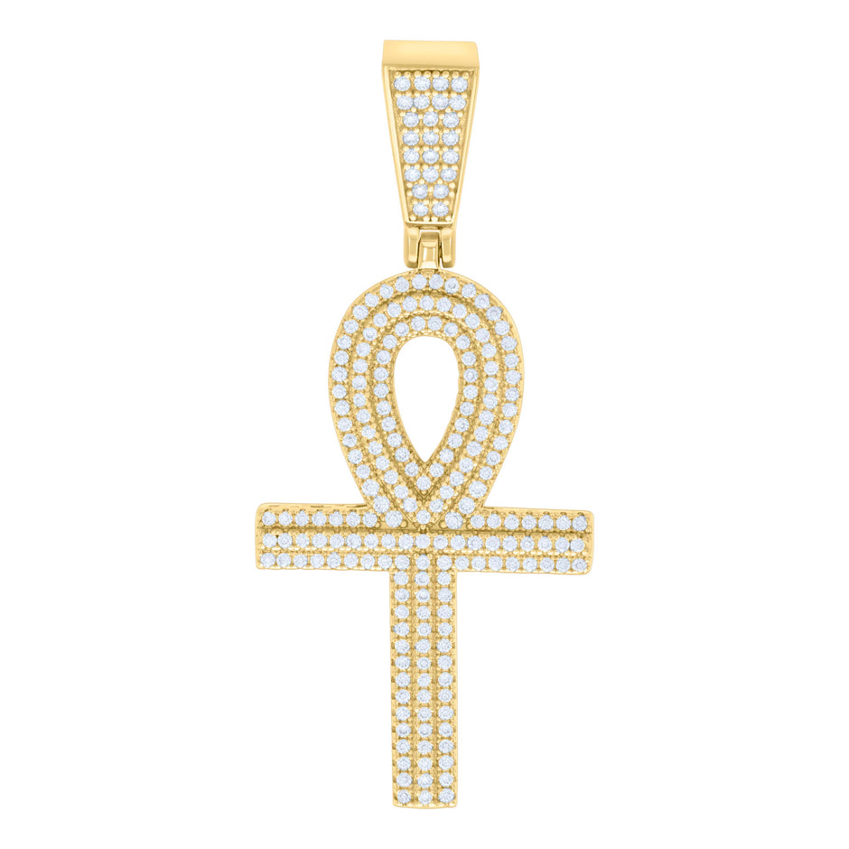 925 Sterling Silver Yellow-tone Mens 1.15ct Moissanite Egyptian Ankh Cross Religious Charm Pendant