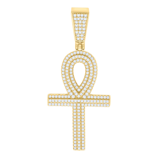 925 Sterling Silver Yellow-tone Mens 1.15ct Moissanite Egyptian Ankh Cross Religious Charm Pendant