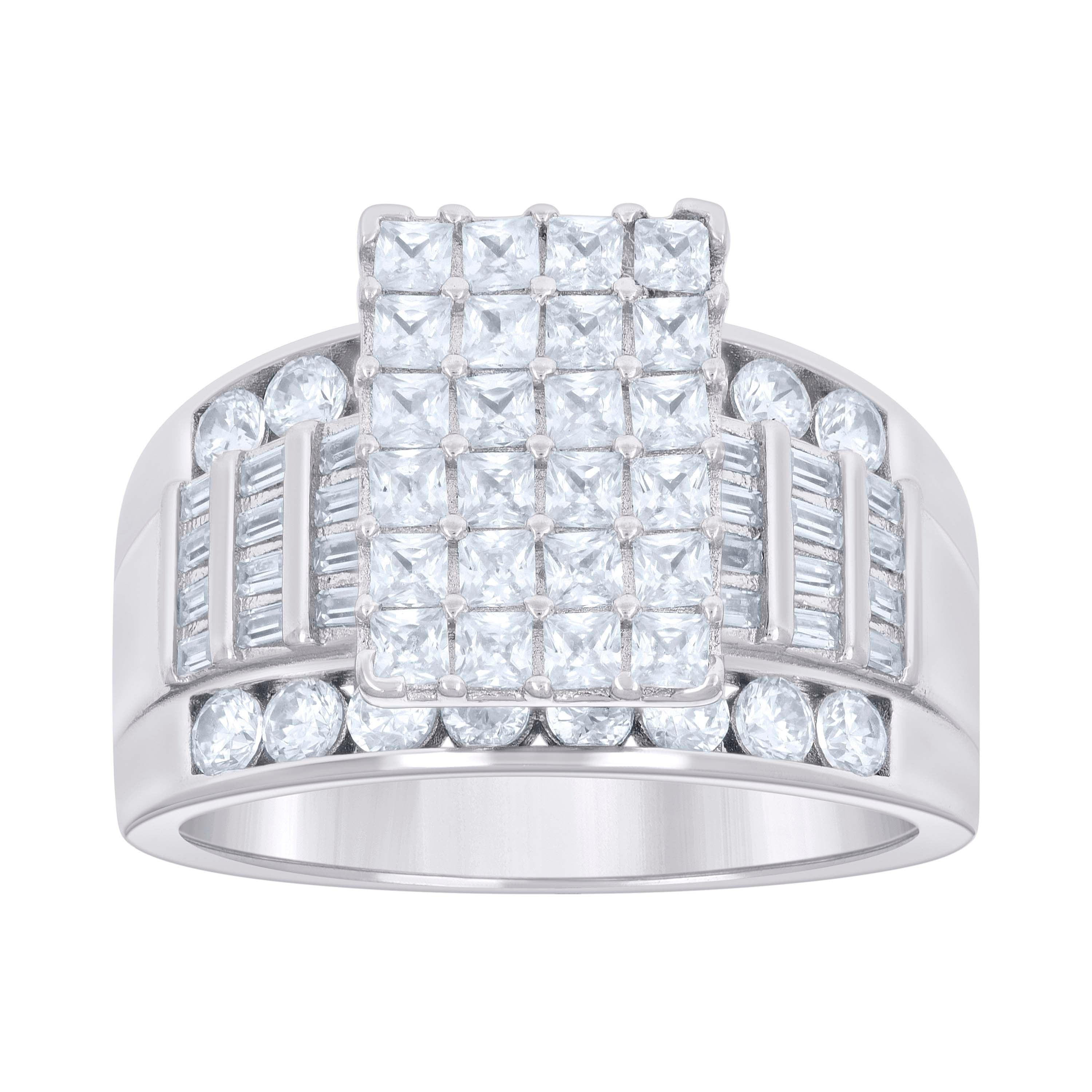 925 Sterling Silver Womens Baguette 1.96ct Round 1.13ct Moissanite Cinderella Ring Size 8 - SLV-135428